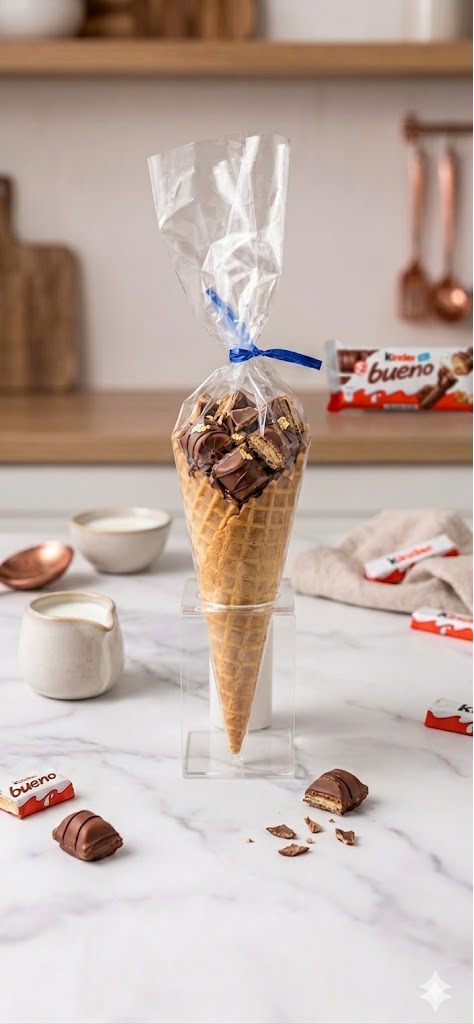 Cone Kinder com pedaços do bombom